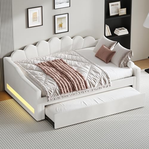 UATARU Upholstered Daybed with Pull-Out Bed, 140 x 200 cm Sofa Bed with Slatted Frame, Guest Beds for Adults Children, No Mattress (Beige) von UATARU