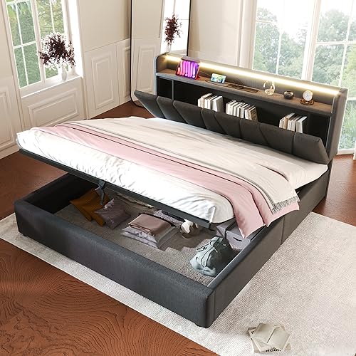 UATARU Upholstered Double Bed, Hydraulic Bed Frame with USB Charging Function, Storage Headboard, Wooden Slatted Frame, Without Mattress (140cm*200cm) von UATARU