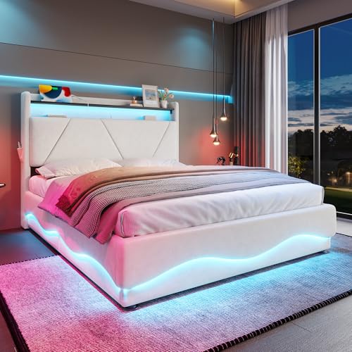 UATARU Upholstered Storage Bed, 160 x 200 cm Double Bed Frame with Storage Space and Slatted Frame, Headboard with Lighting and USB Charging Function, Side Pockets (Beige) von UATARU