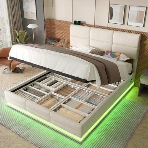 UATARU Velvet Upholstered Storage Bed Frame 140 x 200 cm with Storage Space and Slatted Frame, Height Adjustable Headboard with Charging Function, Without Mattress ﻿ (Beige) von UATARU