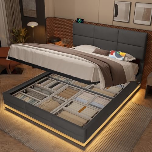 UATARU Velvet Upholstered Storage Bed Frame 140 x 200 cm with Storage Space and Slatted Frame, Height Adjustable Headboard with Charging Function, Without Mattress ﻿ (Dark Gray) von UATARU