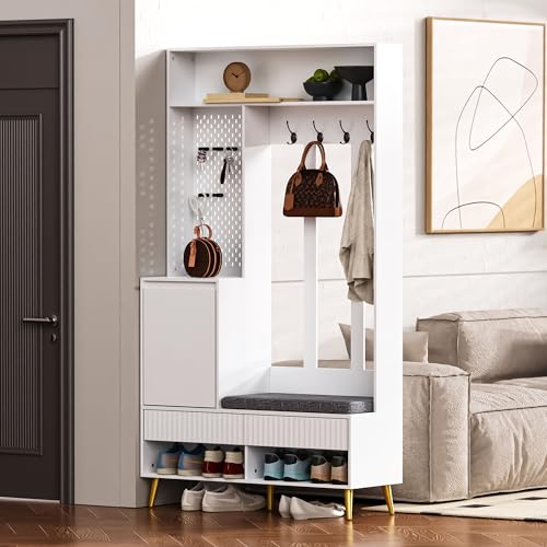 UATARU Wardrobe Set Hallway Coat Rack with Shoe Storage Bench Cabinet with 4 Hooks 2 Drawers and 1 Door for Hallway Entrance Area 100 x 35 x 180 cm (White) von UATARU
