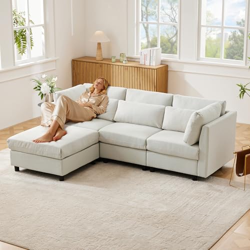 UAlienva Cloud Sofa Kleines Ecksofa, L-förmiges 3-Sitzer-Sofa mit 5 Kissen und abnehmbaren Fußpolstern, Sofas & Couchen mit Schlaffunktion Sektionssofa fürs Wohnzimmer (Beige) von UAlienva