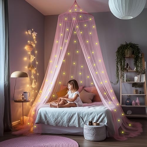 UB-STORE Rosa Betthimmel mit vorgeklebten leuchtenden Sternen - Prinzessinen Moskitonetz für Mädchen Zimmerdekoration - Himmelbett Vorhänge für Kinder und Baby Bett von UB-STORE
