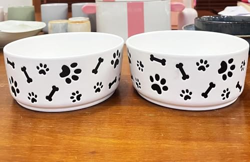 UBEE Keramik Hundenapf 2er Set, 16.5cm Hund Futternapf Schüssel mit Knochenpfotenmuster, Haustierfutter Wassernapf Fütterung für Kleine und Meidum Hunde und Große Katze, Weiß von UBEE