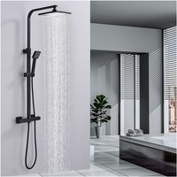 Duschsystem mit Thermostat 38℃ Duscharmatur Schwarz Regendusche Duschset Dusche inkl. Regal verstellbarer Edelstahl Duschstange Duschset von UBEEGOL