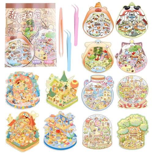UBERMing 12 Sets 3D Sticker Scene Cozy Room Sticker Book mit Pinzette, 3D Miniature Scene Stickers DIY Baumhaus Traumhaus, Hausaufkleber Therapy Stickers Relief Stress für Erwachsene Kinder von UBERMing