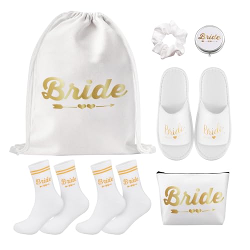 UBERMing 7 Stück Braut Geschenk Set Jga Accessoires Enthalten Braut Rucksack Kosmetiktasche Taschenspiegel Klappbar Hausschuhe 2 Socken und 1 Haargummis Elastisch für Brautparty Hochzeit Verlobung von UBERMing