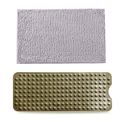 UBETTER Badematte rutschfest (2er-Set),Chenille Badezimmerteppich 50 x 80 cm und PVC Antirutschmatte Badewanne 78 x 38 cm, Waschbar Badteppich, Saugfähige Badvorleger, Duschmatte Schimmelresistent. von UBETTER