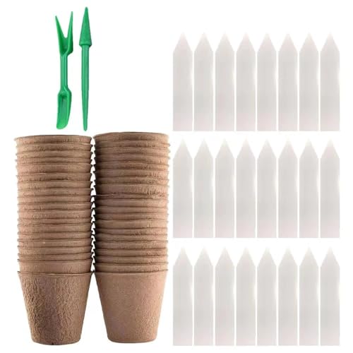 UBOHUZ Abbaubare Anzuchttöpfe Torftopf for Setzlinge, geeignet for Pflanzensetzlinge und Samenkeimung, biologisch abbaubarer Schlammtopf mit Pflanzenetiketten(8cm-50pcs) von UBOHUZ