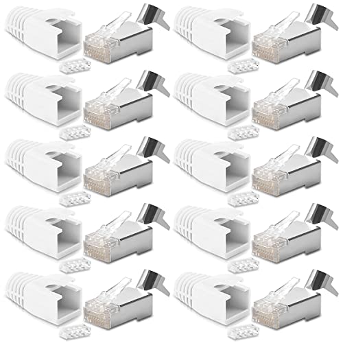 UC-Express 10x CAT7 CAT6 CAT6A Netzwerkstecker RJ45 Netzwerk Stecker vergoldete Kontakte Knickschutz Tülle Weiss von UC-Express