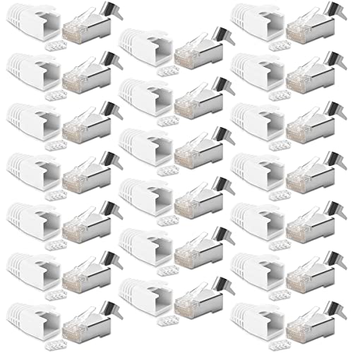 20x CAT7 CAT6 CAT6A Netzwerkstecker RJ45 Netzwerk Stecker vergoldete Kontakte Knickschutz Tülle Weiss von UC-Express