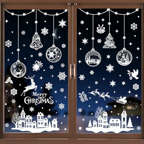 244 Pcs Fensterbilder Weihnachten Schneeflocken und Schneemann Fensterdeko - Statische Selbstklebende und Wiederverwendbare Fenster PVC Aufkleber für Winter Weihnachtsfenster Dekoration von UCFBWO