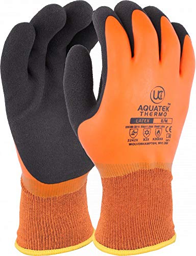UCI Aquatek-Thermo Arbeitshandschuhe mit doppelter Beschichtung, Schaumstoff-Latex, sehr griffig, Orange von UCI