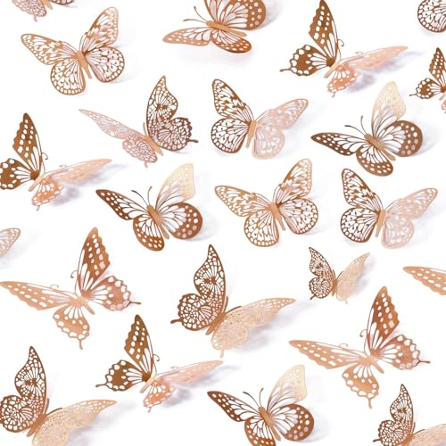 UCLEVER 3D Schmetterlinge Golden metallic Deko, 48 Stück 4 Stile, 3 Größen Gold Schmetterling Dekorationen für Geburtstag & Party Feiern (Roségold) von UCLEVER