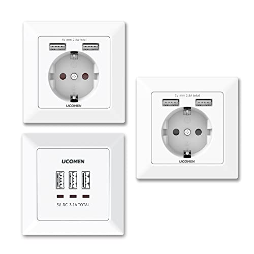 UCOMEN 2.8A Wand Steckdosen mit 2 USB Anschlüssen, 3.1A USB Socket Flush Mounted with 3 Ports, Electrical Socket, Laden aller mobilen Geräte Passent in standard Unterputzdose，weiß (3 Pack) von UCOMEN