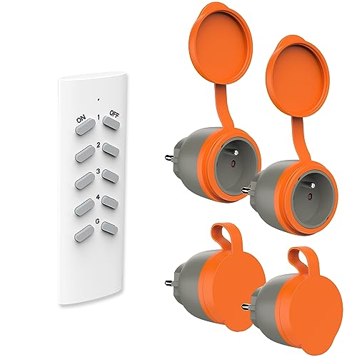 UCOMEN funksteckdosen mit fernbedienung Aussen, IP44 Wasserdicht Funksteckdosen Set 1+4, für den Außenbereich, 30M Reichweite, 3680 Watt, Plug & Play Funkschalt Set von UCOMEN