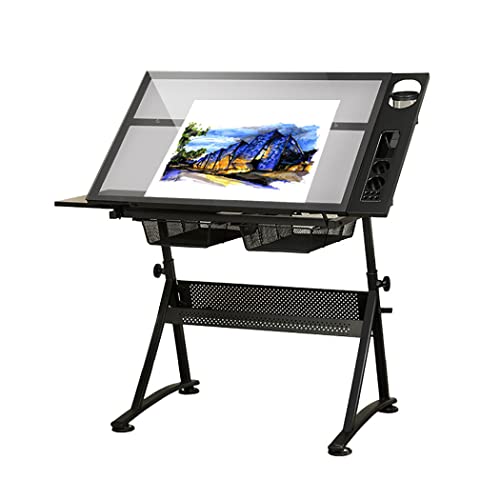 Klappbarer Kunstschreibtisch/Zeichen-/Zeichentisch/Basteltisch mit verstellbarer Höhe von 74–93 cm, 2 Schubladen und um 0–80° neigbarer Tischplatte, gehärtetem Glas, Tragfähigkeit 220 Pfund, Wohn- und von UCSUSA