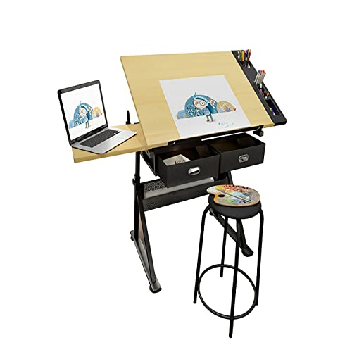 UCSUSA Höhenverstellbarer Zeichentisch, neigbarer Tisch-Kunstschreibtisch, Zeichentisch mit Aufbewahrungsschubladen, Kunsthandwerkstisch für Kunstwerke, Grafikdesign, Lesen, 960 x 600 x 680–910 mm von UCSUSA