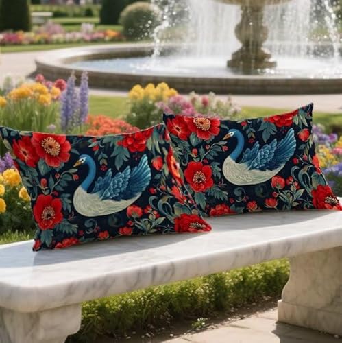 Outdoor Kissen Wetterfest Mohn Rechteck Kissenbezug 60x80cm 2er set Samt Dekorativ Pillowcase Vogel Doppelseitiger Druck Sofakissen Zierkissen für Garten Balkon Frühling Fall Deko Lendenkissen LY-181 von UDERUI