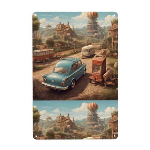 UDFKGLP Dekoratives Gemälde aus Blech, Motiv: Autos im Schloss, 20,3 x 30,5 cm, aus Weißblech, verschleißfest und langlebig von UDFKGLP