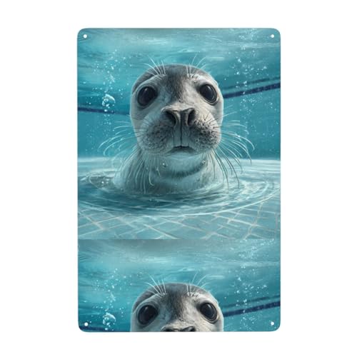UDFKGLP Seals in the Pool Muster Zinn dekorative Malerei 20,3 x 30,5 cm aus Weißblech, verschleißfest und langlebig von UDFKGLP