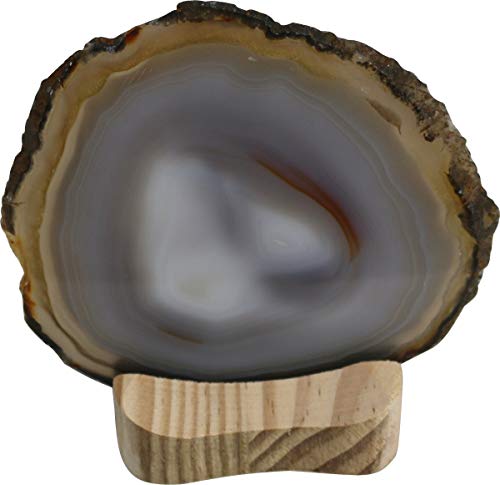 Teelicht Achatscheibe grau ca. 10 cm mit Holzständer, Kerzenständer mit Edelstein graublau Natur von UDIG