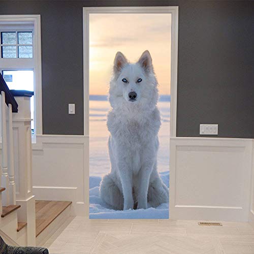 UDKHJH 3D Türaufkleber Tierischer Weißer Wolf Türtapete Selbstklebend Wandbilder 77x200cm PVC Wasserdicht Abnehmbar Türfolie Türposter Fototapete Wohnzimmer Schlafzimmer Haus Dekoration Wandtattoo von UDKHJH