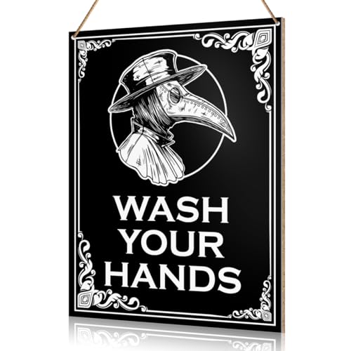 UDNADKEX Gothic Badezimmer Wandbehang Schild Dekor Pestarzt Waschen Sie Ihre Hände, Goth Toilettenpulver Raumdekor Gästebadezimmer Holzschilder Halloween Wanddekoration Geschenk für Gothic-Liebhaber von UDNADKEX