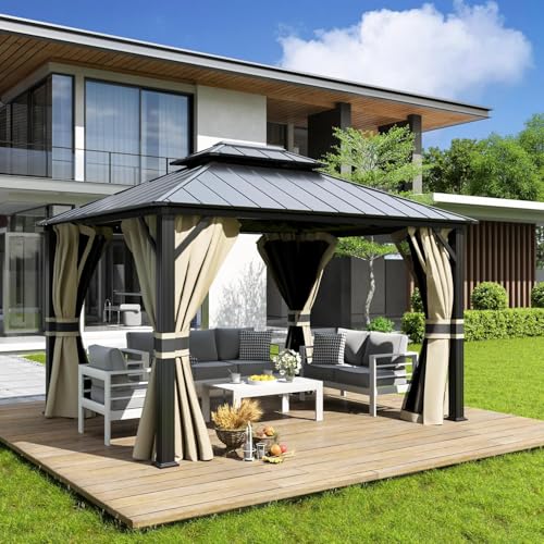 UDPATIO 3 x 3.65 m Gartenpavillon Wasserdicht Stabil Winterfest Hardtop Pavillon, Verzinkter Stahl Doppeldach Aluminium Pavillon mit Moskitonetz und Vorhänge für Garten, Terrasse, Rasen, Beige von UDPATIO