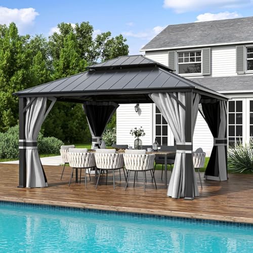 UDPATIO 3.65 x 4.25 m Gartenpavillon Wasserdicht Stabil Winterfest Hardtop Pavillon, Verzinkter Stahl Doppeldach Aluminium Pavillon mit Moskitonetz und Vorhänge für Garten, Terrasse, Rasen, Grau von UDPATIO