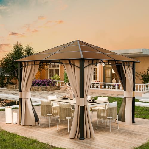 UDPATIO 3x3 m Pavillon Polycarbonat mit Vorhängen und Netz, Aluminium-Gartenpavillon wasserdicht stabil Winterfest UV-Schutz 8x8 cm starken Pfosten für Garten, Terrasse, Champagner von UDPATIO