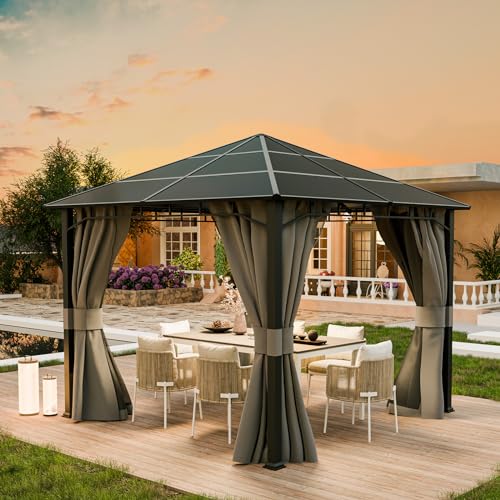 UDPATIO 3x3 m Pavillon Polycarbonat mit Vorhängen und Netz, Aluminium-Gartenpavillon wasserdicht stabil Winterfest UV-Schutz 8x8 cm starken Pfosten für Garten, Terrasse, Grau von UDPATIO