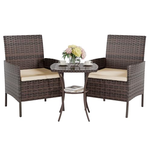 UDPATIO Gartenmöbel Set 3-Teilige Lounge Balkonmöbel Set mit Gartentisch und 2 Stühlen für Kleiner Balkon Terrasse Draußen, Polyrattan Terrassenmöbel 2 Personen (Braun, Set 3-Teilige) von UDPATIO