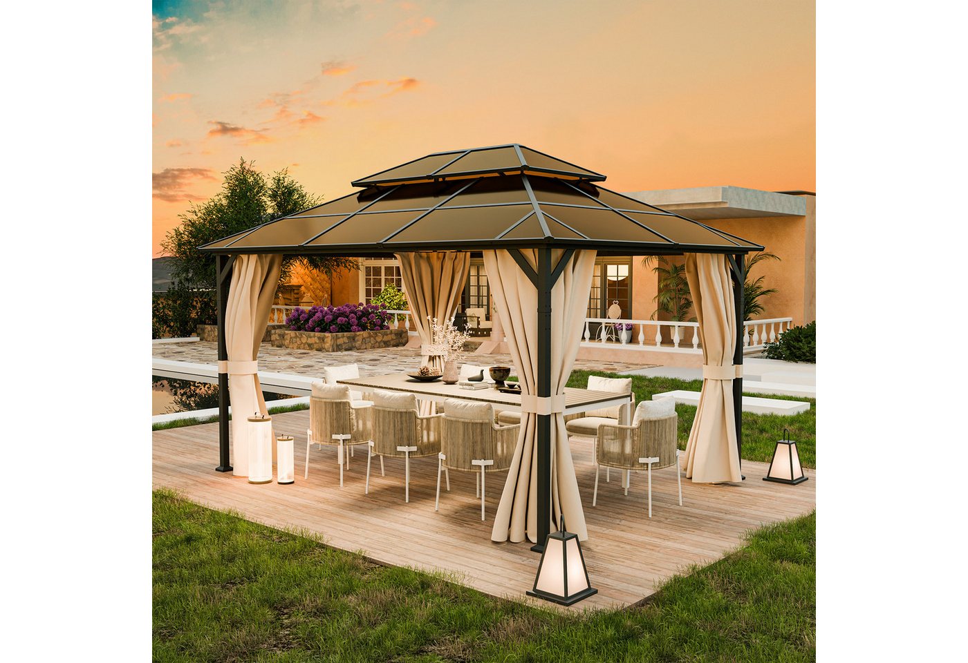 UDPATIO Pavillon 3x4 m Pavillon Polycarbonat Doppeldach mit Vorhängen UDPATIO Pavillon 3x4 m Pavillon Polycarbonat Doppeldach mit Vorhängen von UDPATIO
