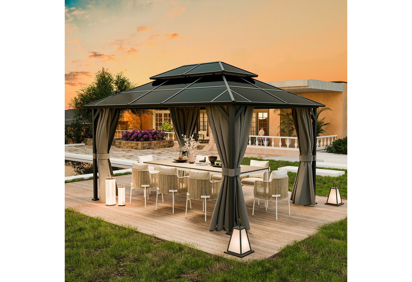 UDPATIO Pavillon 3x4 m Pavillon Polycarbonat Doppeldach mit Vorhängen UDPATIO Pavillon 3x4 m Pavillon Polycarbonat Doppeldach mit Vorhängen von UDPATIO