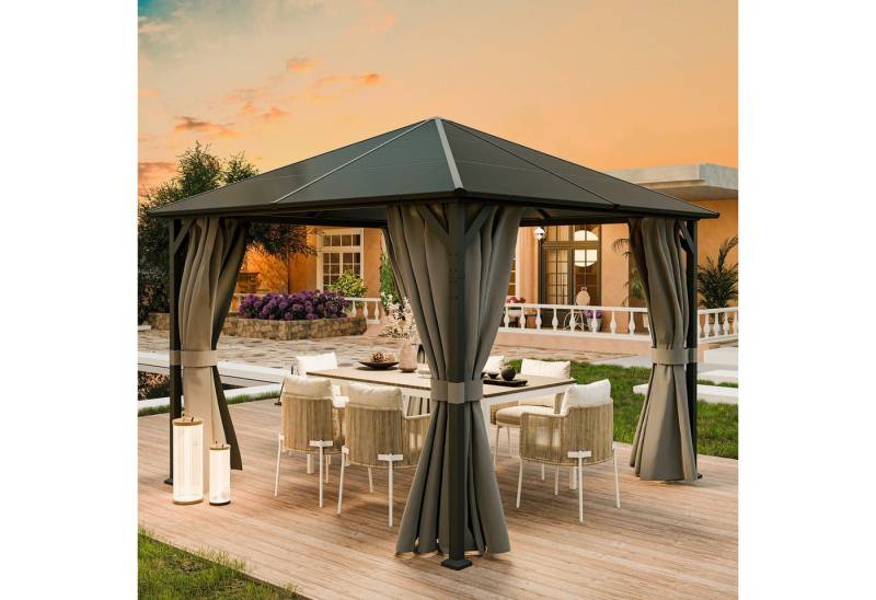 UDPATIO Pavillon Polycarbonat mit Vorhängen wasserdicht Rostschutz UV-Schutz, 3x3 m, Grau von UDPATIO