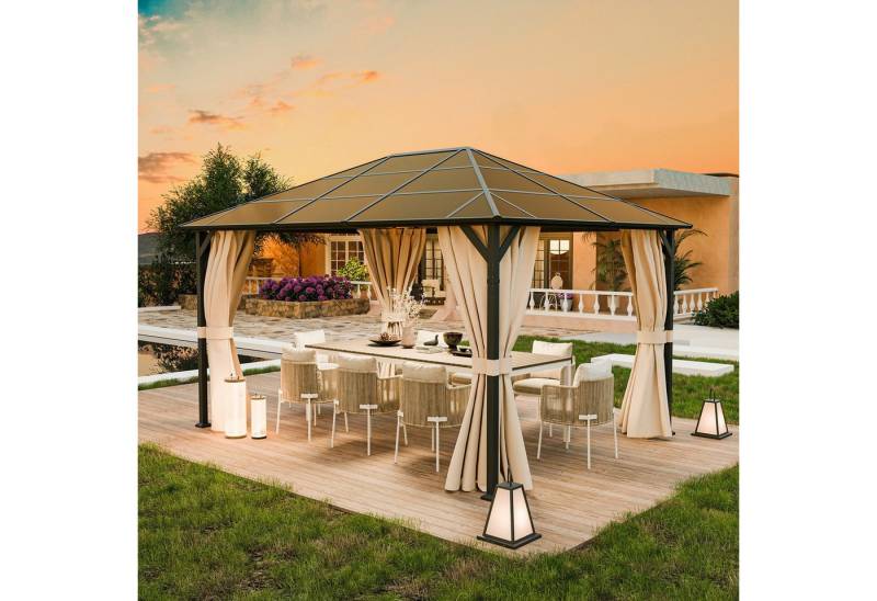 UDPATIO Pavillon Polycarbonat mit Vorhängen wasserdicht Rostschutz UV-Schutz, 3x4 m, Khaki von UDPATIO