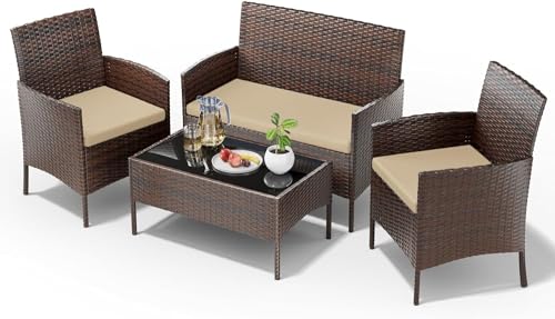 UDPATIO Polyrattan Sitzgruppe Fort 4 Personen Tisch mit 2er Sofa, 2 Stühle & Sitzkissen für Terrasse, Balkon, Garten, Balkonmöbel Rattan Gartenmöbel Set, Braun+Schwarz & Cremefarbene Bezüge von UDPATIO