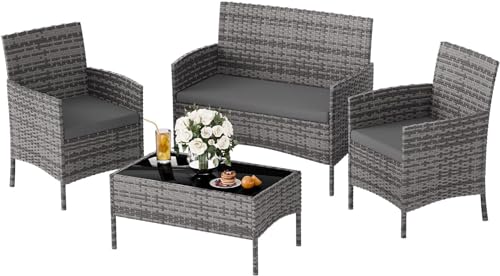 UDPATIO Polyrattan Sitzgruppe Fort 4 Personen Tisch mit 2er Sofa, 2 Stühle & Sitzkissen für Terrasse, Balkon, Garten, Balkonmöbel Rattan Gartenmöbel Set, Grau-meliert & Dunkelgraue Bezüge von UDPATIO