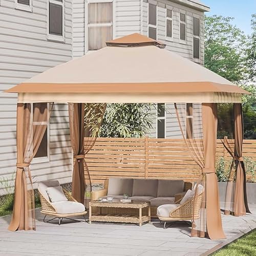 UDPATIO Pop Up Pavillon 3x3 für Garten mit Metall Verstärkt Faltbar, Pergola Wasserdicht Stabil und Sonnenschutz, Faltpavillon mit Sandsäcke Beige/Braun von UDPATIO