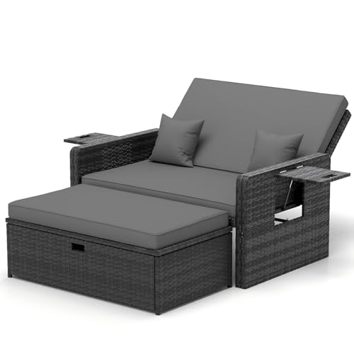 UDPATIO Rattan Lounge Möbel Outdoor, Lounge Balkonmöbel Gartensofa mit Hocker,Rattan Sofa mit Stauraum, Verstellbares 2 Sitzer Garten-Bett für Terrasse,Balkon,Garten,Grau-meliert & Dunkelgraue Bezüge von UDPATIO
