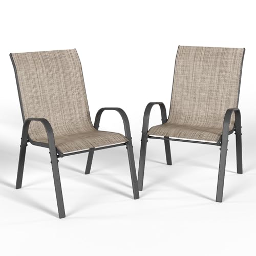 UDPATIO Stapelbare Gartenstuhl Set 2er, Hochlehner Stapelstühle aus Textilene und Metallgestell, Atmungsaktive Terrassenstühle für Balkon, Terrasse, Garten, Braun von UDPATIO