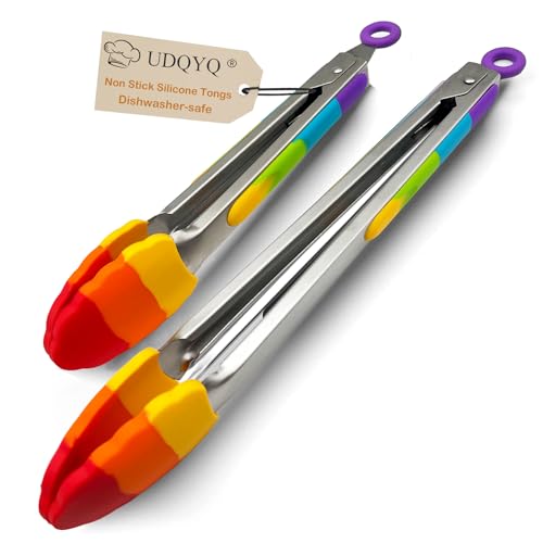 2-er Pack Küchenzange,22 & 30 cm Silikon-Zange für Air-Fritteuse & Grill, Edelstahl-Küchenzange mit Verriegelungsclip für BBQ, Servieren (Regenbogenfarben) von UDQYQ