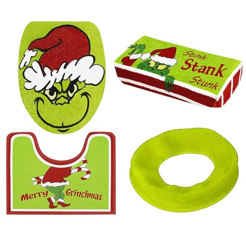 UDaca Weihnachts-Grinch-Dekor-Wc-Sitzbezug Und Teppich-Set, 4-Teiliges Lustiges Weihnachts-Badezimmer-Grinch-Dekorationsset, Weicher, Rutschfester Toilettenbezug Und Teppich-Set von UDaca