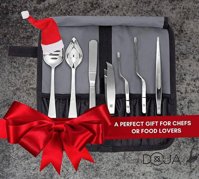 UE Stock Kochbesteck-Set Barcelona Küchen Chef Kochutensilien 7-teilig (Edelstahl Plating Kit Kuechen-Werkzeug Koch Set - Deko Garnieren Gadgets - PERFORIERTLÖFFEL - DEKOLÖFFEL - SPREIZSPACHTEL - FISCHKNOCHENENTFERNER-ZANGE - PRÄZISE PINZETTEN, 7-tlg) von UE Stock