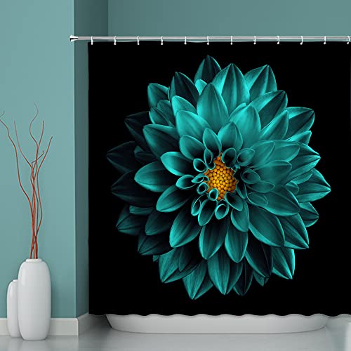 Dahlia Duschvorhang, Blume, Cyan, Türkis, blühender schwarzer Hintergrund, elegant, romantisch, schick, einfacher Kunstdruck, geeignet für Badezimmer-Dekoration, mit 12 Haken Zubehör von UEAUUN