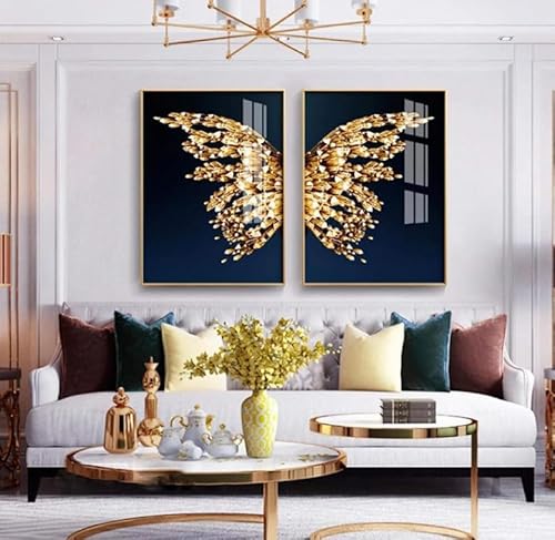 UEHVVF Goldener Schmetterling Leinwand Gemälde Goldener Schmetterling Bild Prints Wall Art Modern Skandinavisch Poster Wand Wohnzimmer Schlafzimmer Dekor Geframet (Gold,50 * 70CM) von UEHVVF