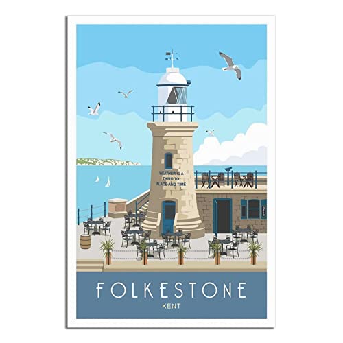 UEJD Vintage Folkestone Leuchtturm Kent Reiseposter Dekoposter Moderne Schlafzimmer Leinwand Kunst Poster Bild Malerei Poster Wanddekoration Kunst Geschenk, Unframe-Stil von UEJD