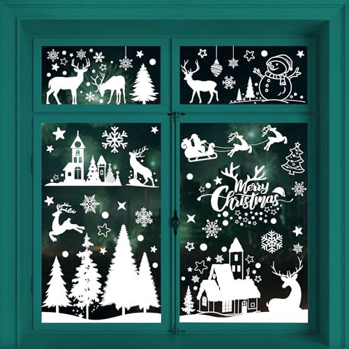 Fenster Weihnachtsdeko Fensterbilder Weihnachten Selbstklebend Weiß, Weihnachts Fensterbilder Sterne Schneeflocken Fensteraufkleber, Fenstersticker Weihnachten Statische Fensterfolie für Fensterdeko von UEOTO